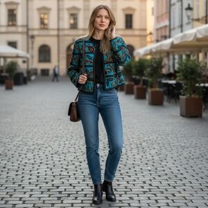 Vintage Teal Gold and Black Embroidered Beaded Jacket | Tag Size Medium